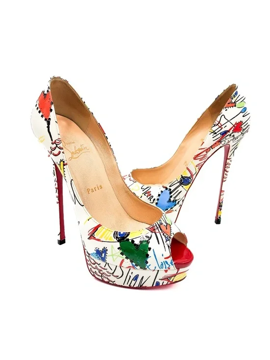 Christian Louboutin Fetish Peep 150 Graffiti Patent Leather Platform Pumps EU 38 - Picture 4 of 9